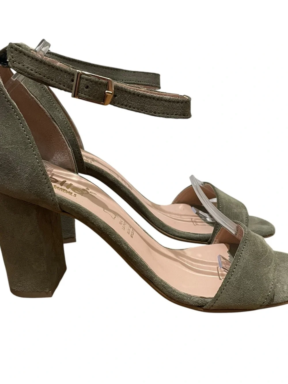 Aelia Greek Sandals Block Heel Ankle Strap Sage Green Suede Women’s Size 39 8.5